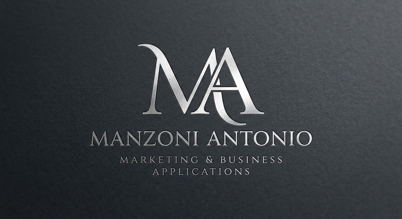 Il marchio MA in lamina argento su carta scura, con la scritta Manzoni Antonio, Marketing & Business Applications.